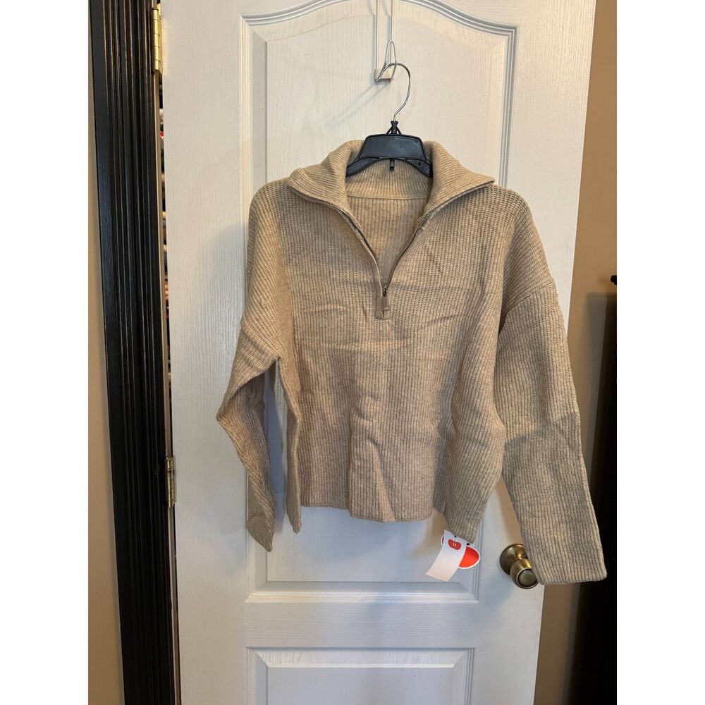 Cider Wool-Blend Collar Zip-Up Knit Sweater in the "Khaki" colorway.